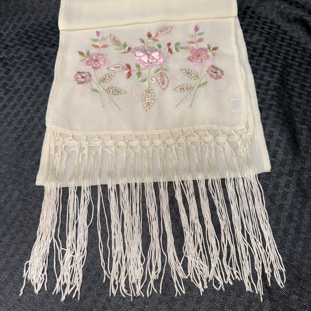 Vintage Embroidered Scarf with Fringe